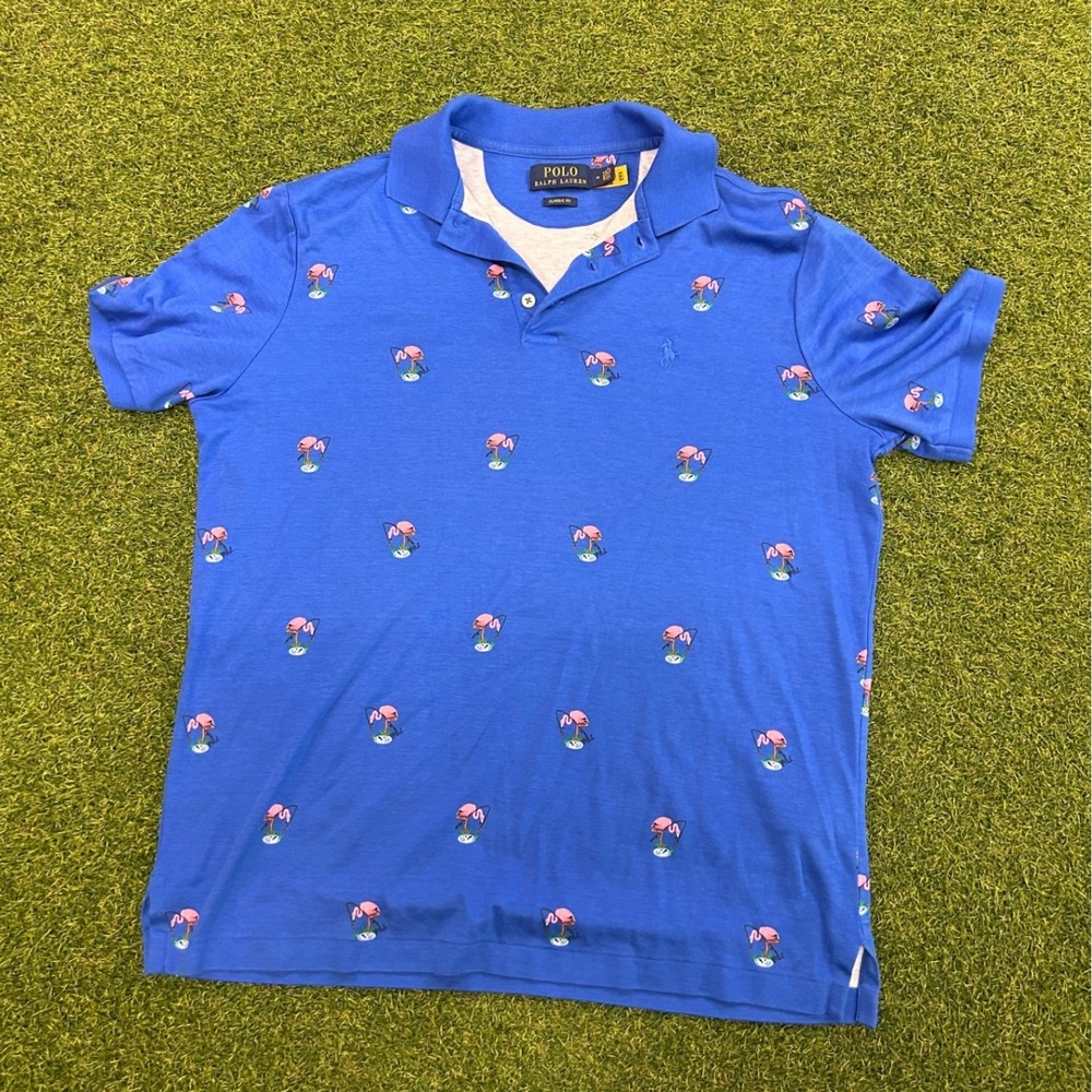 Polo Ralph Lauren Mens Blue Flamingo Embroidered Classic Fit Polo Shirt Medium